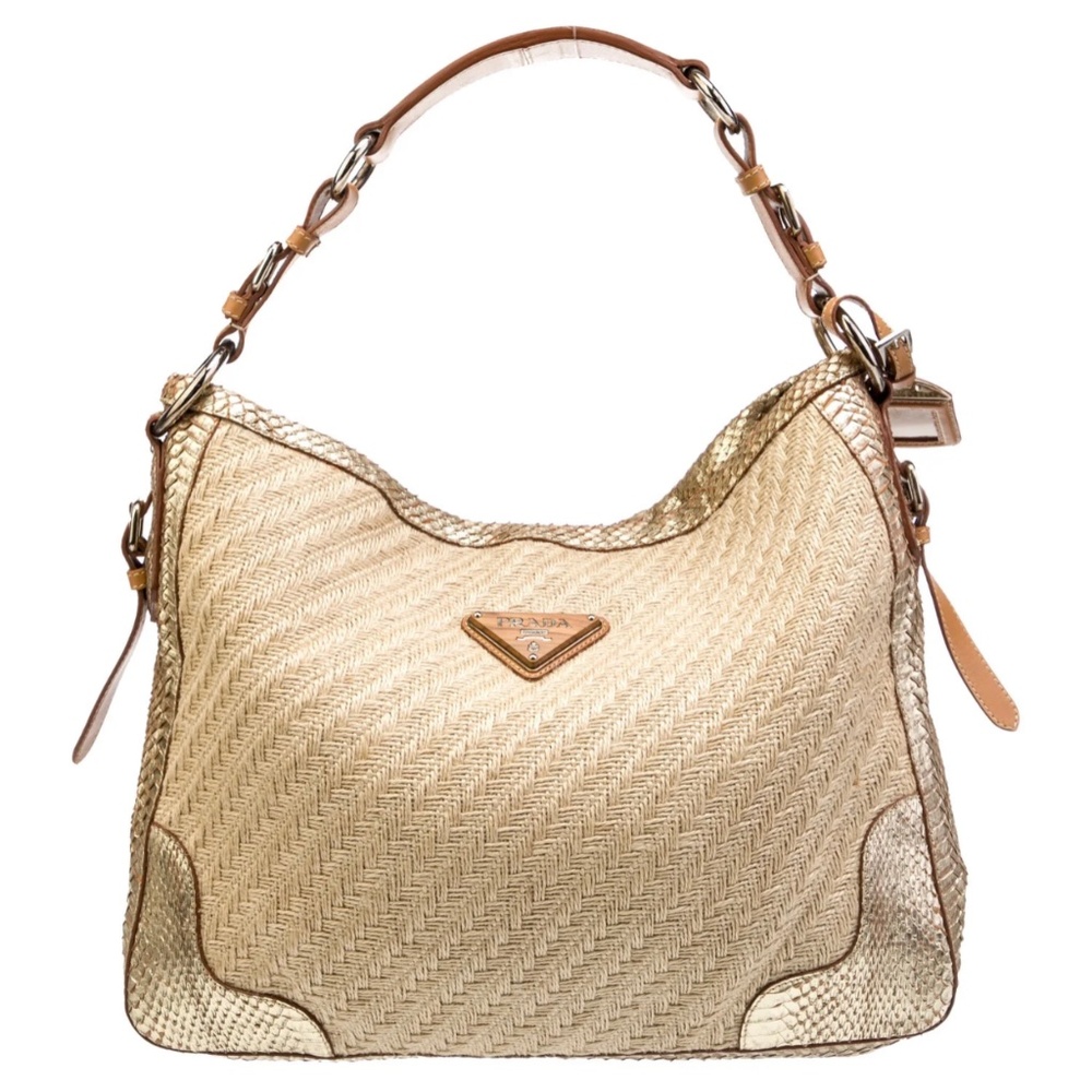 AUTHENTIC Prada Large Raffia Leather Hobo Bag Purse -  Python Trim
